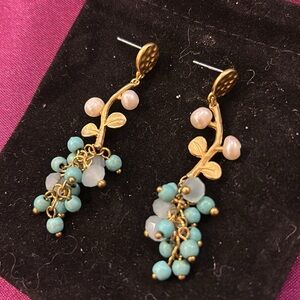 Turquoise Beads With Pearl Beads On A Branch Earrings-Boutuque